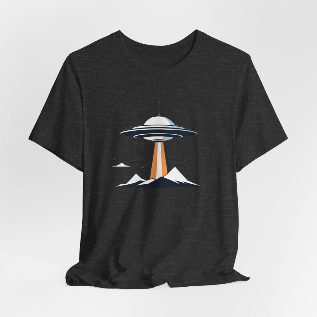 Retro UFO Flying Saucer Mountain T-Shirt - Minimalist Sci-Fi Alien Graphic Tee - Unique Outer Space Gift for Men & Women