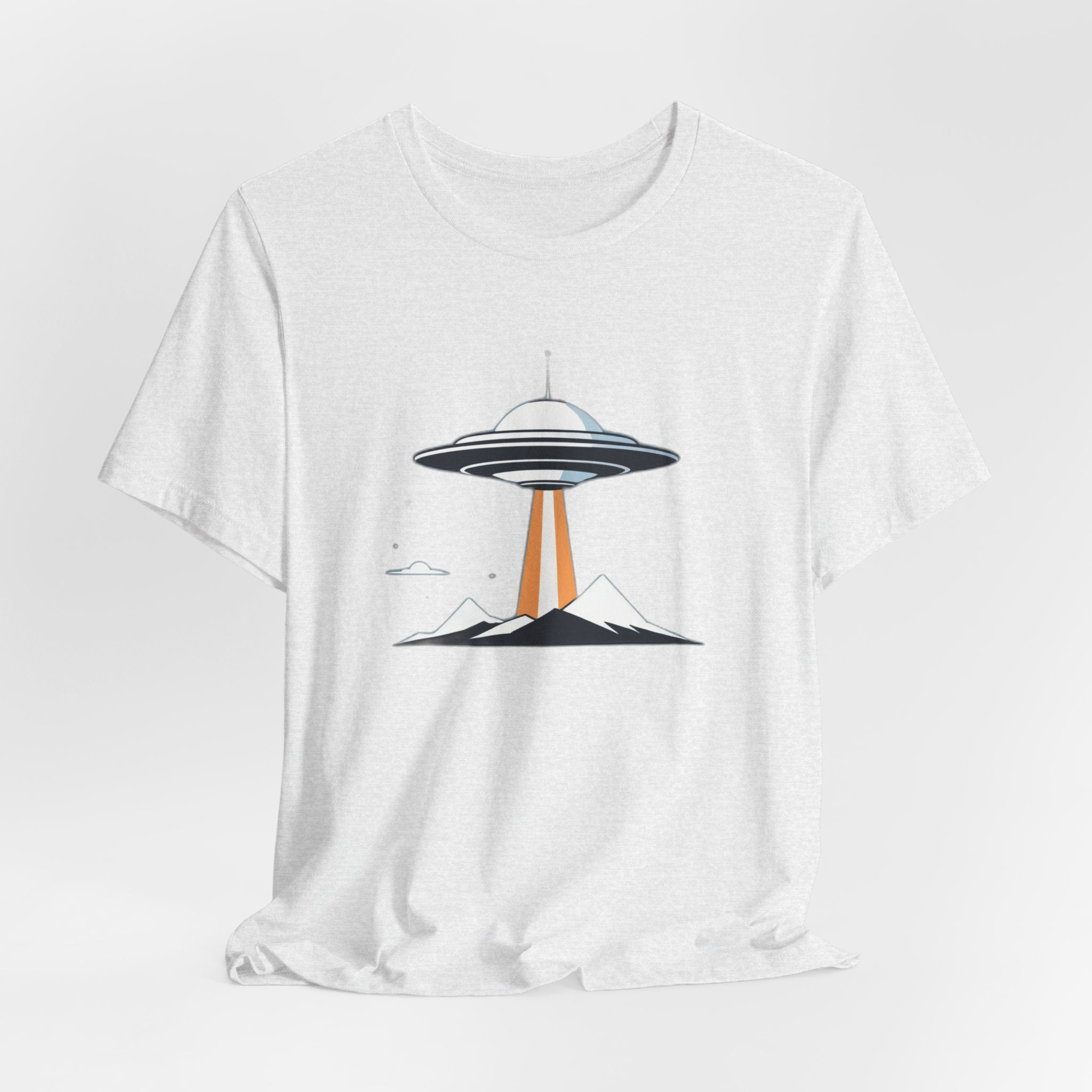 Retro UFO Flying Saucer Mountain T-Shirt - Minimalist Sci-Fi Alien Graphic Tee - Unique Outer Space Gift for Men & Women