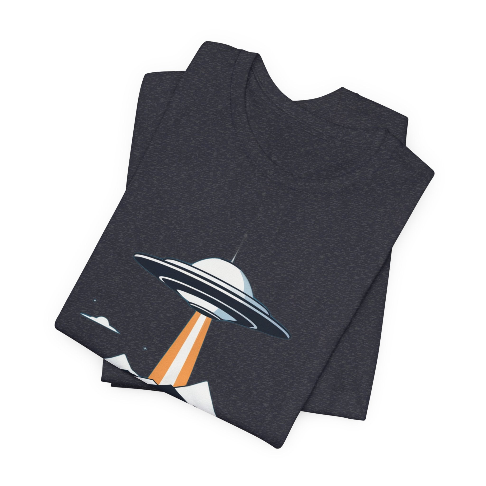 Retro UFO Flying Saucer Mountain T-Shirt - Minimalist Sci-Fi Alien Graphic Tee - Unique Outer Space Gift for Men & Women