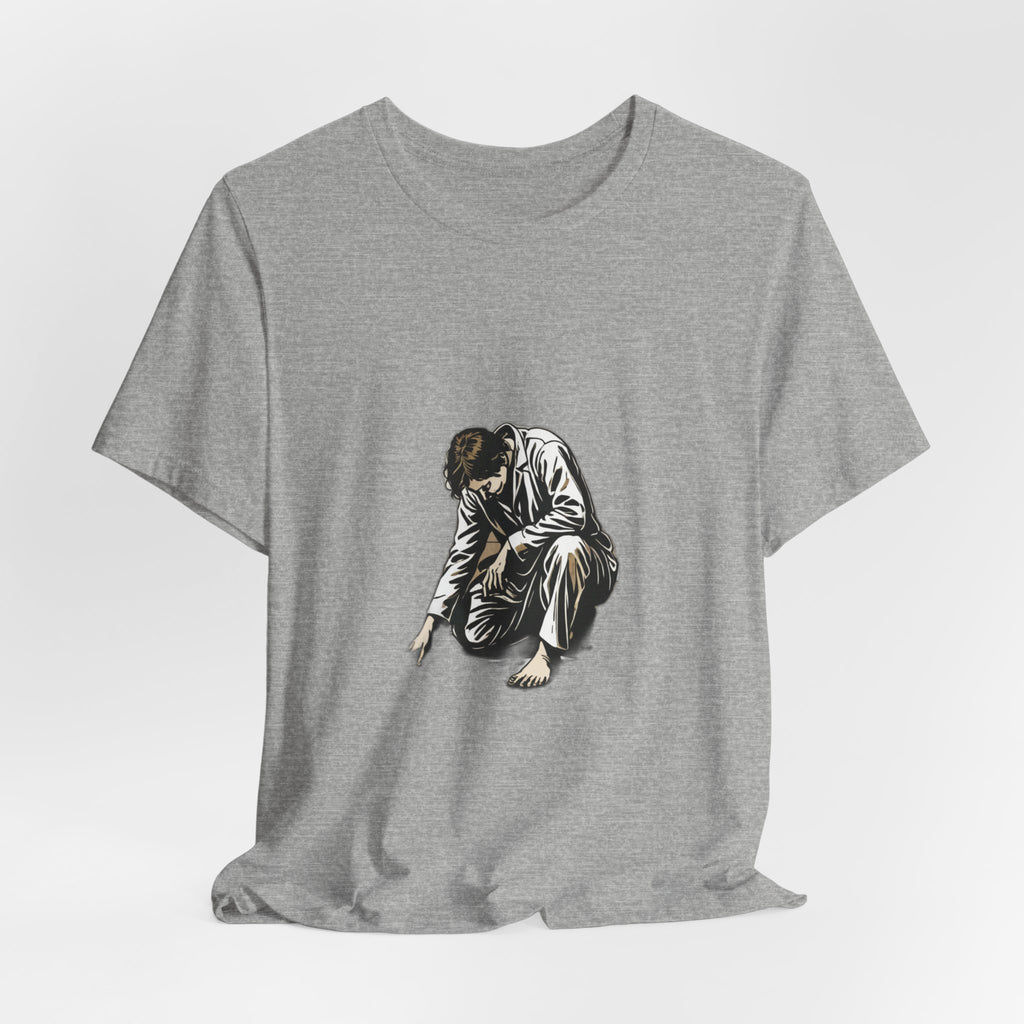 Jesus Writing in the Dust Graphic T-Shirt - Artistic Biblical John 8:7 Sketch Tee - Contemplative Christian Gift for Men and Women