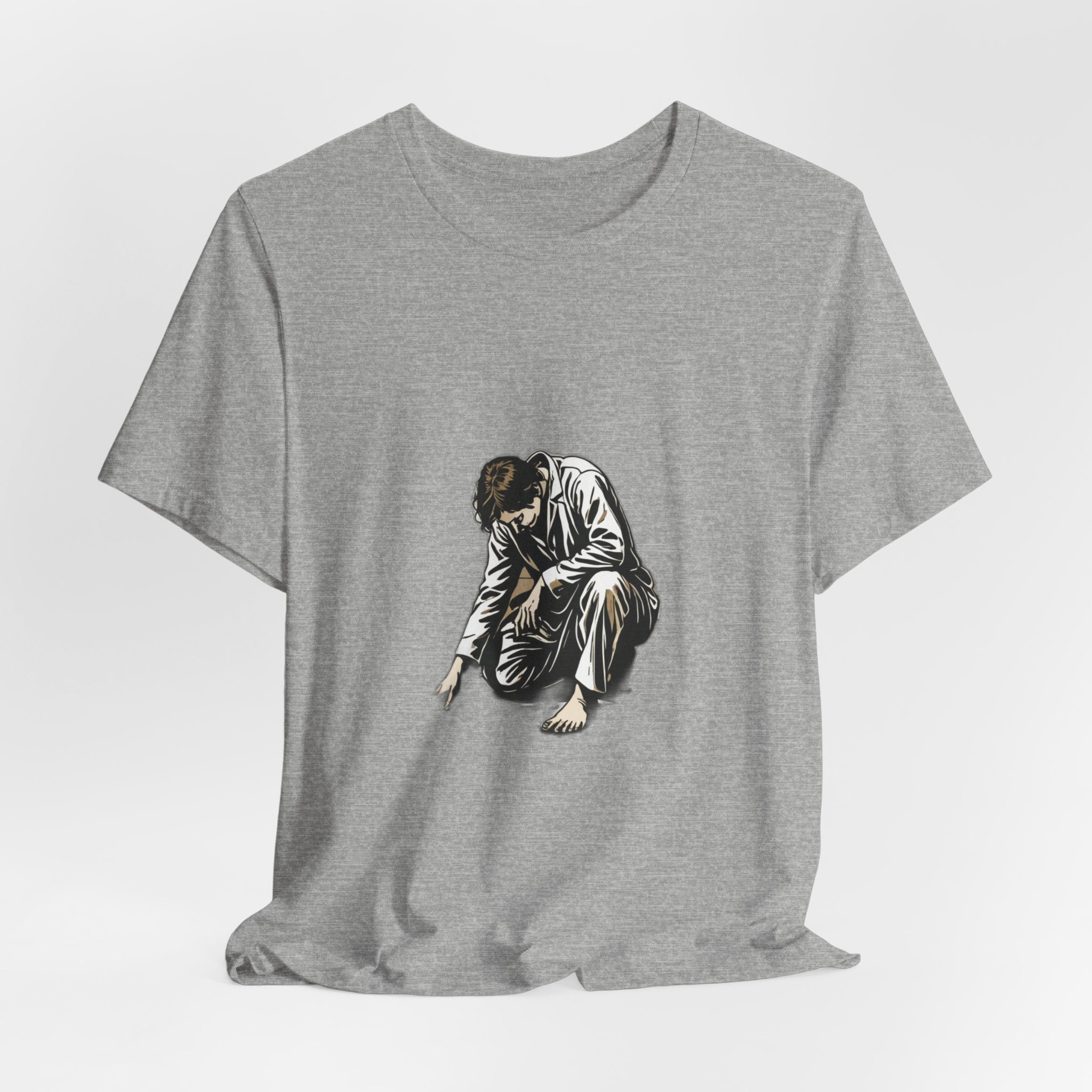 Jesus Writing in the Dust Graphic T-Shirt - Artistic Biblical John 8:7 Sketch Tee - Contemplative Christian Gift for Men and Women
